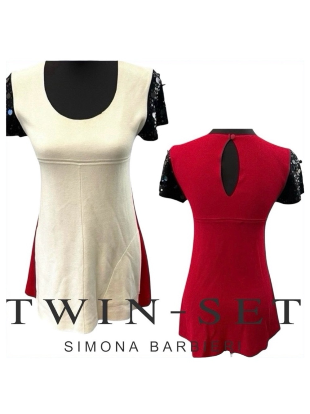 Twin-Set Off White/Red/Black Sequin Short Sleeve A-Line Fine Knit Mini Dress (S)
